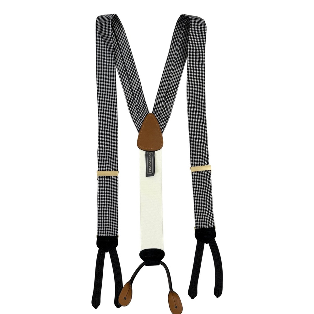 Trafalgar Suspenders Mens OS Silver Black Checkered Suede Trim Formal Button